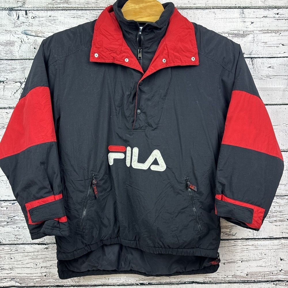 FILA Anorak Pullover Jacket‎ Windbreaker Black & Red [Mens Medium] Vintage